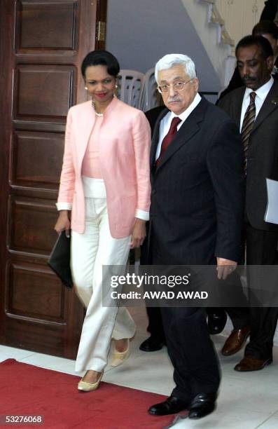 Palestinian leader Mahmud Abbas and US Secretary of State Condoleezza Rice arrive for their joint press conference after their meeting at the...