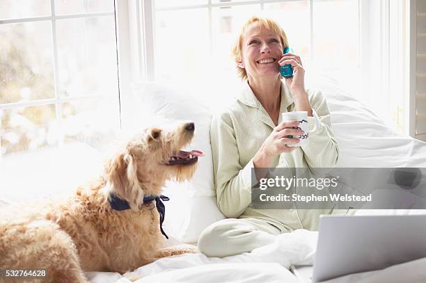 woman talking on phone - labradoodle stock-fotos und bilder