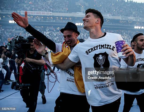 Mario Gomez of Besiktas celebrates during the Besiktas' Turkish Super Lig title trophy ceremony at the Vodafone Arena in Istanbul, Turkey on May 19,...