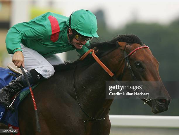 Mick Kinane and Azamour lands The King George VI and Queen Elizabeth Diamond Stakes Race run at Newbury Racecourse on July 23, 2005 in Newbury,...