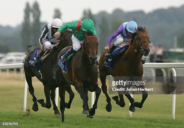 Mick Kinane and Azamour lands The King George VI and Queen Elizabeth Diamond Stakes Race run at Newbury Racecourse on July 23, 2005 in Newbury,...