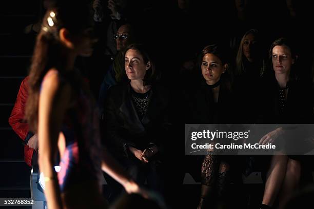 Edwina McCann and Christine Centenera attend the We Are Handsome show at Mercedes-Benz Fashion Week Resort 17 Collections at Carriageworks on May 19,...