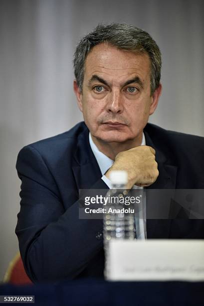 Former president of the Spanish government Jose Luis Rodriguez Zapatero gestures during a press conference in Caracas, Venezuela on May 19, 2016....
