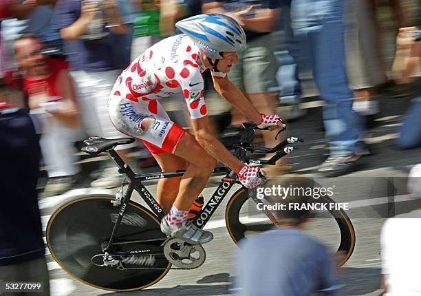 Saint-Etienne, France: Danish Michael Rasmussen rides during the 20th stage of the 92nd Tour de France cycling race, an individual time-trial in...