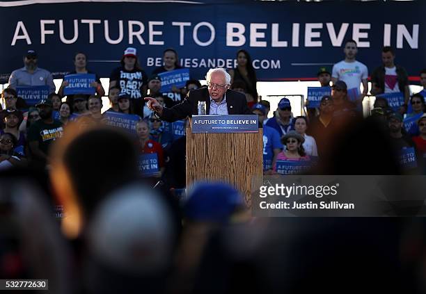 Democratic presidential candidate Sen. Bernie Sanders speaks at a campaign rally at Waterfront Park on May 18, 2016 in Vallejo, California. A day...