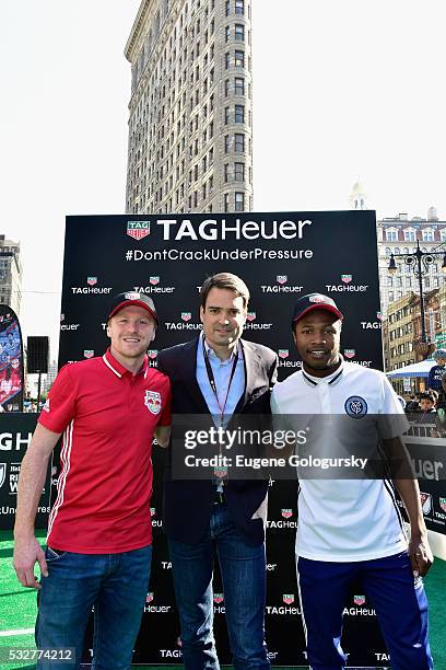 Dax McCarty, Kilian Muller and Shannon Gomez attend as TAG Heuer presents the Major League Soccer Rivalry Week #DontCrackUnderPressure Free Kick...