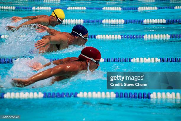 swimmers competing in race - sports race stock pictures, royalty-free photos & images