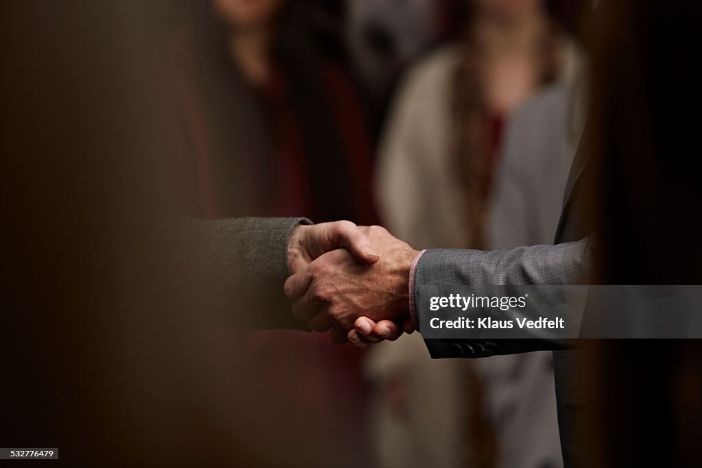 Close-up of 2 men making handshake in crowd
