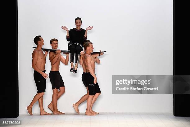 Designer Cynthia Rowley thanks the audience during the Cynthia Rowley show at Mercedes-Benz Fashion Week Resort 17 Collections at Carriageworks on...