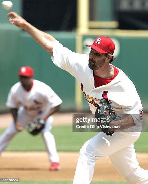 Matt Morris of the St. Louis Cardinals pitches against the Chicago Cubs at Busch Stadium on July 23 2005 in St. Louis, Missouri. The Cubs defeated...