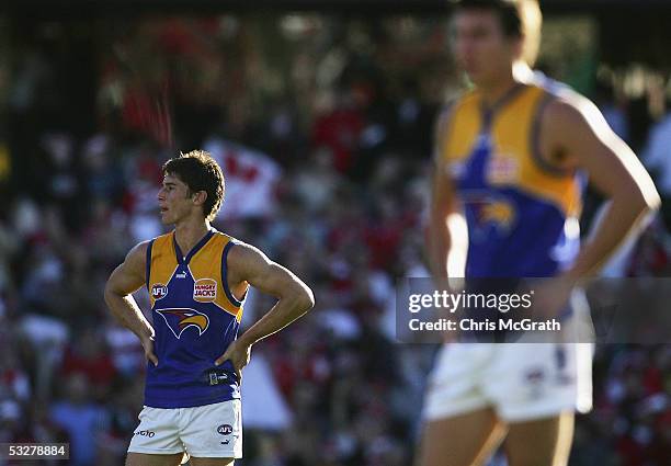 Tyson Stenglein of the Eagles stands dejected as the final hooter sounds in the round seventeen AFL match between the Sydney Swans and the West Coast...