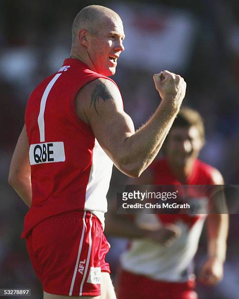Barry Hall of the Swans celebrates after kicking a goal during the round seventeen AFL match between the Sydney Swans and the West Coast Eagles held...