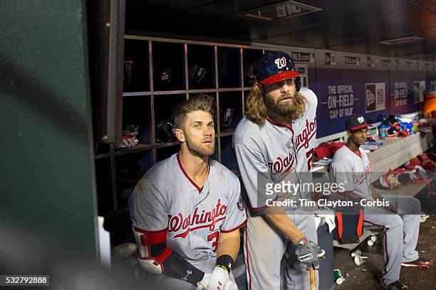 May 18: Bryce Harper, , of the Washington Nationals and team mate Jayson Werth of the Washington Nationals watch play from the dugout as they prepare...