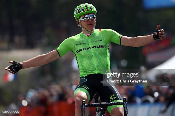 Toms Skujins of Latvia, riding for team Cannondale Pro Cycling celebrates after winning stage five of the Amgen Tour of California from Lodi to South...