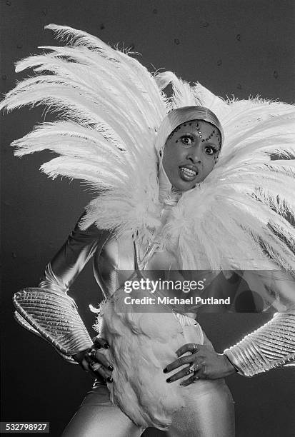 Singer Nona Hendryx, of American vocal group Labelle, wearing a spectacular feathered costume, 27th February 1975.