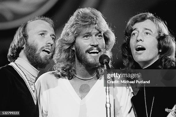 The Bee Gees performing at 'The Music for UNICEF Concert: A Gift of Song' benefit concert held at the United Nations General Assembly in New York...