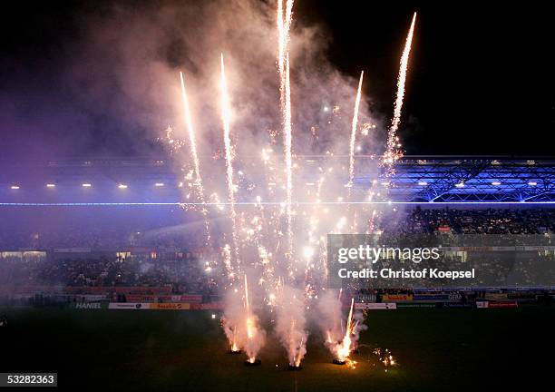 Fireworks are set off at the final during the closing ceremony of the World Games 2005 at the MSV Arena on July 24, 2005 in Duisburg, Germany.