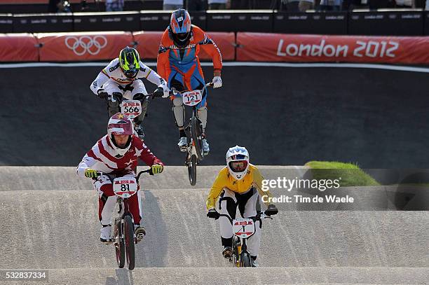Londen Olympics / BMX Cycling : Mens Final Maris STROMBERGS Gold Medal / Sam WILLOUGHBY Silver Medal / Carlos Mario OQUENDO ZABALA Bronze Medal /...