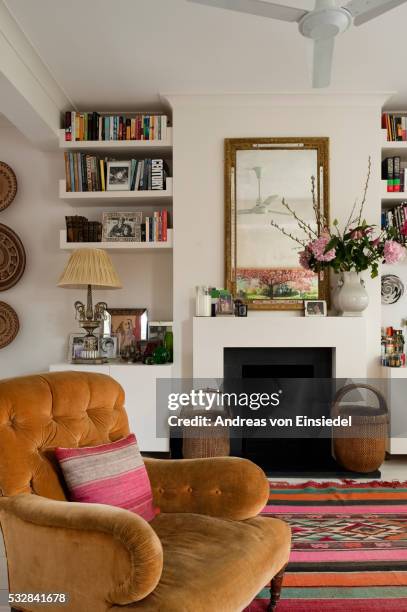 london flat of interior designer sarah vanrenen - fireplace stock pictures, royalty-free photos & images