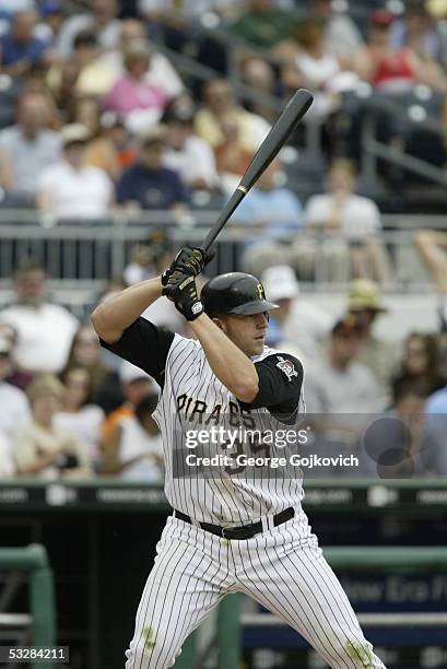 First baseman Brad Eldred of the Pittsburgh Pirates bats against the Colorado Rockies at PNC Park on July 24, 2005 in Pittsburgh, Pennsylvania. The...