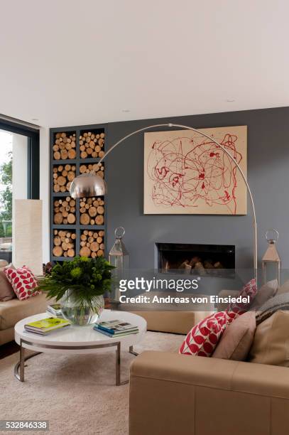 new build home of interior designer jemima withey - grey sofa stock pictures, royalty-free photos & images