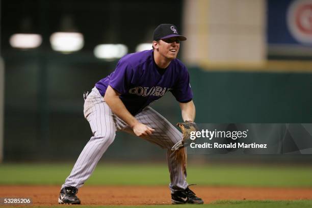 Infielder Garrett Atkins of the Colorado Rockies plays defense during the game against the Houston Astros on October 1, 2004 at Minute Maid Park in...