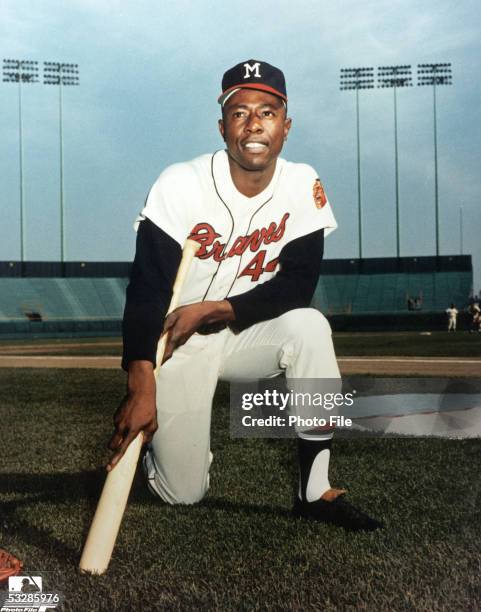 Henry Aaron of the Milwaukee Braves poses for a portrait. Aaron played for the Milwaukee Braves from 1954-65.