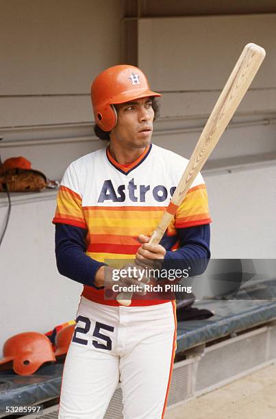 Jose Cruz of the Houston Astros is pictured in the dugout during a game at Shea Stadium in Flushing, New York.