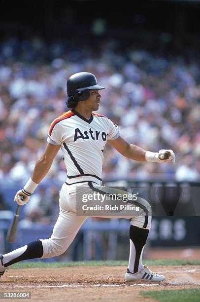 Jose Cruz of the Houston Astros bats during a 1985 season game at Shea Stadium in Flushing, New York.