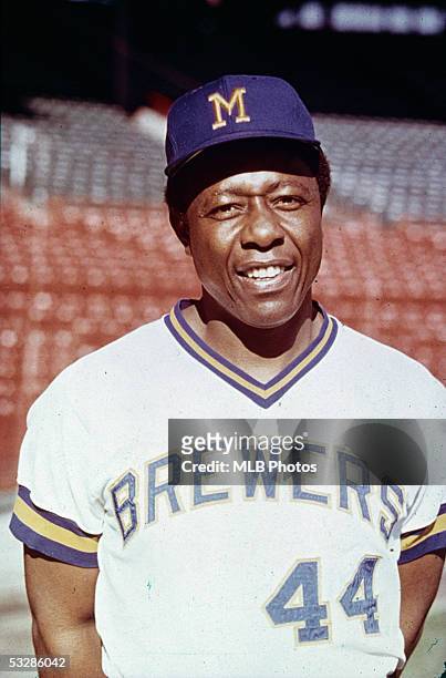 Hank Aaron of the Milwaukee Brewers poses for a portrait before a game at Milwaukee County Stadium in Milwaukee, Wisconsin. Hank Aaron played for the...