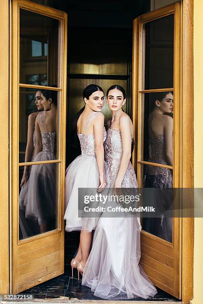 two beautiful girls wearing dresses - high fashion stock pictures, royalty-free photos & images