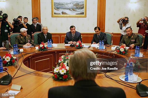 July 26, 2005: U.S. Secretary of Defense Donald Rumsfeld meets with Tajikistan President Emomali Sharipovich Rahmonov and Ministers July 26, 2005 in...