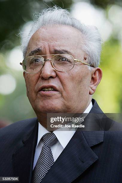 Tajikistan Minister of Foreign Affairs, Talbak Nazarov, speaks during a joint press conference with U.S. Secretary of Defense Donald Rumsfeld July...