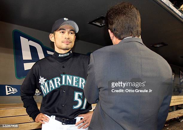 Outfielder Ichiro Suzuki of the Seattle Mariners talks to the press after Suzuki broke George Sisler's 84-year-old record for hits in a single...