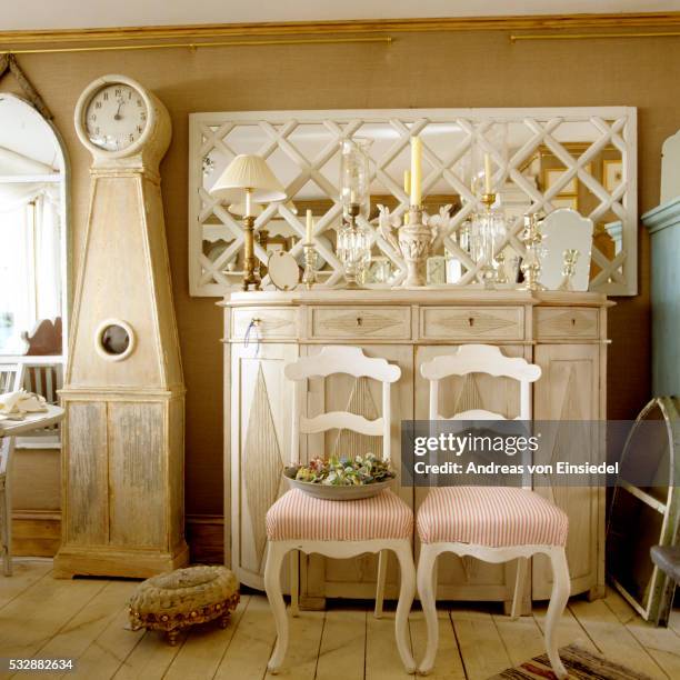 south london home with distressed scandinavian finish - grandfather clock stock pictures, royalty-free photos & images