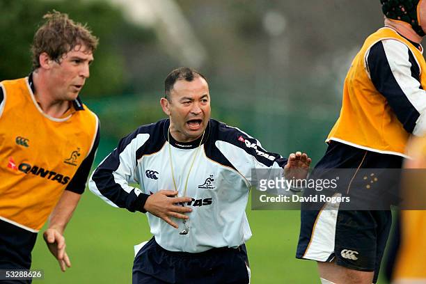 Eddie Jones, the Australian coach issues instructions to his team during the Wallaby training session held at Westerford School on July 26, 2005 in...