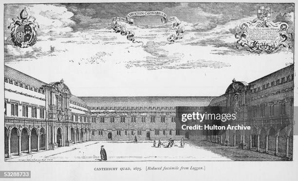 An engraving of the Canterbury Quad at the college of St John the Baptist, at Oxford University, by Loggan, 1675.