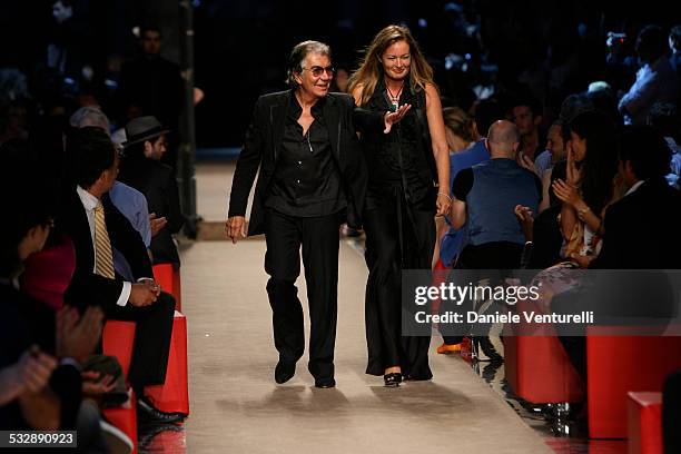 Roberto Cavalli and Eva Cavalli, designers during Milan Menswear Fashion Week Spring/Summer 2008 - Roberto Cavalli - Runway in Milan, Italy.