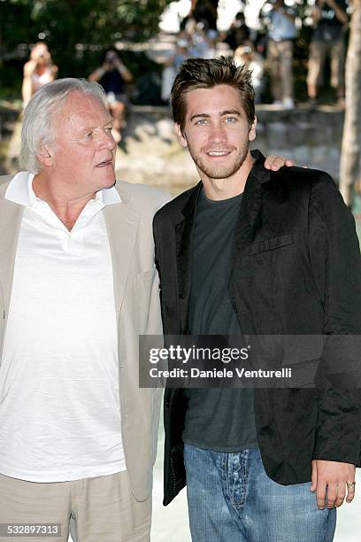 Jake Gyllenhaal and Anthony Hopkins during 2005 Venice Film Festival - "Proof" Photocall - Arrivals at The Westin Excelsior in Venice Lido, Italy.