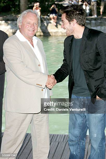 Jake Gyllenhaal and Anthony Hopkins during 2005 Venice Film Festival - "Proof" Photocall - Arrivals at The Westin Excelsior in Venice Lido, Italy.