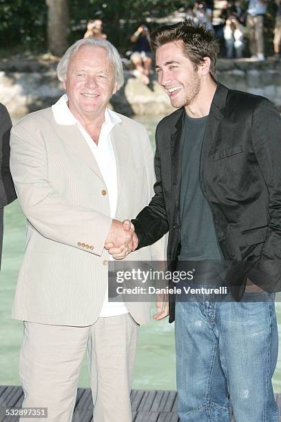 Jake Gyllenhaal and Anthony Hopkins during 2005 Venice Film Festival - "Proof" Photocall - Arrivals at The Westin Excelsior in Venice Lido, Italy.