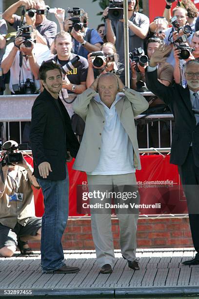 Jake Gyllenhaal and Anthony Hopkins during 2005 Venice Film Festival - "Proof" Photocall - Arrivals at The Westin Excelsior in Venice Lido, Italy.