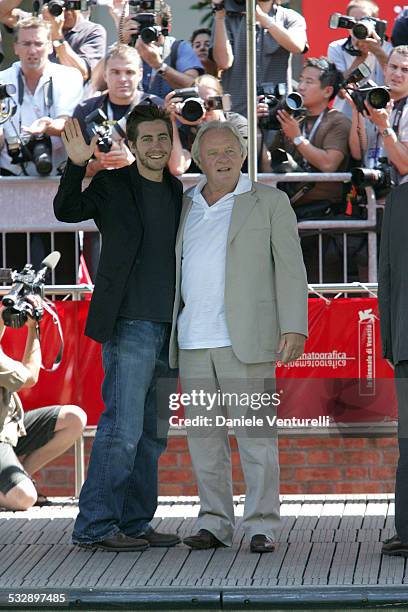 Jake Gyllenhaal and Anthony Hopkins during 2005 Venice Film Festival - "Proof" Photocall - Arrivals at The Westin Excelsior in Venice Lido, Italy.