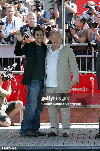 Jake Gyllenhaal and Anthony Hopkins during 2005 Venice Film Festival - "Proof" Photocall - Arrivals at The Westin Excelsior in Venice Lido, Italy.