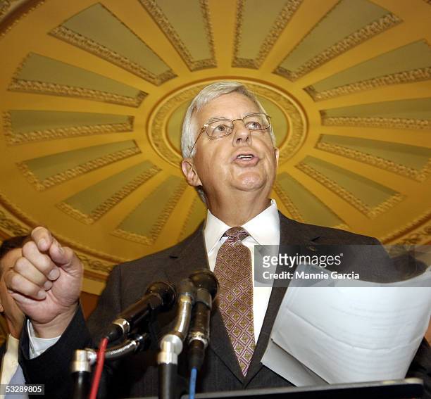 Senator Michael Enzi speaks to reporters on Capitol Hill July 26, 2005 in Washington, DC. Enzi discussed the Senate Republicans action to improve...