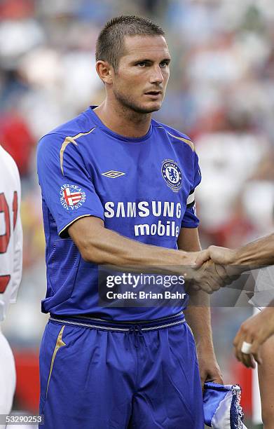 Frank Lampard of Chelsea FC shakes a hand prior to taking on AC Milan in their World Series of Football friendly match on July 24, 2005 at Gillette...