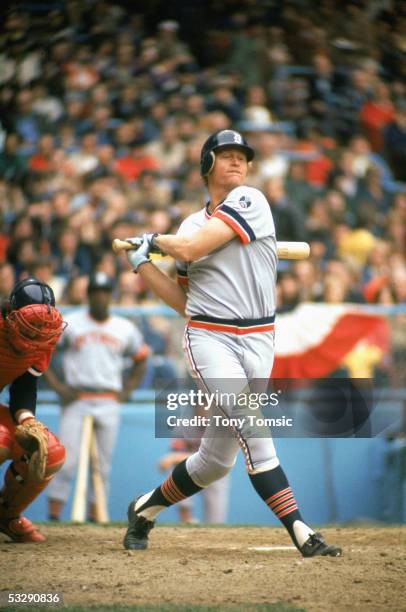 Rusty Staub of the Detroit tigers bats during an MLB game at Cleveland Municipal Stadium in Cleveland, Ohio.
