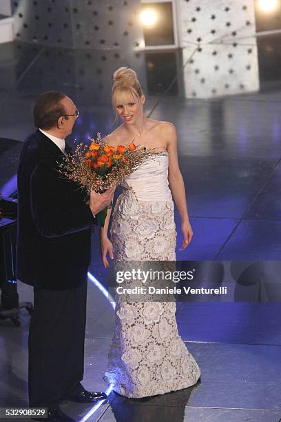 Pippo Baudo and Michelle Hunziker during 57th San Remo Music Festival - Inaugural Evening at Teatro Ariston in Sanremo, Italy.