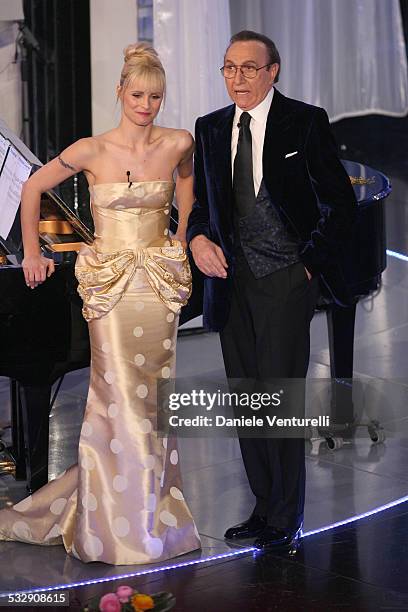 Michelle Hunziker and Pippo Baudo during 57th San Remo Music Festival - Inaugural Evening at Teatro Ariston in Sanremo, Italy.