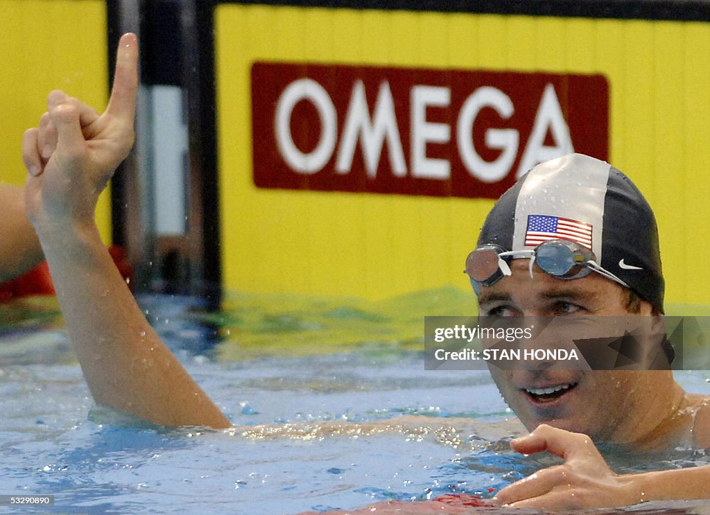 Aaron Peirsol of the USA celebrates afte